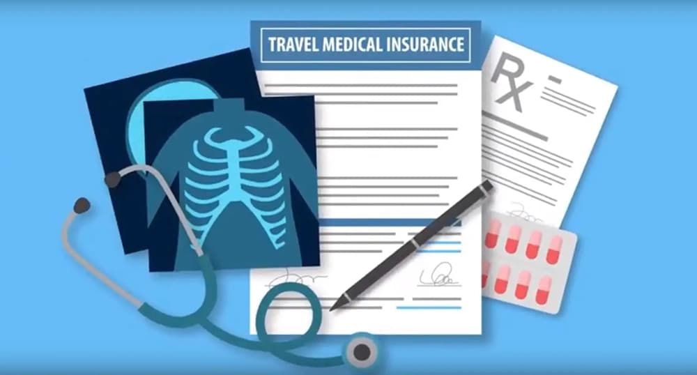 Illustration of a travel medical insurance form, chest xray, and prescription form