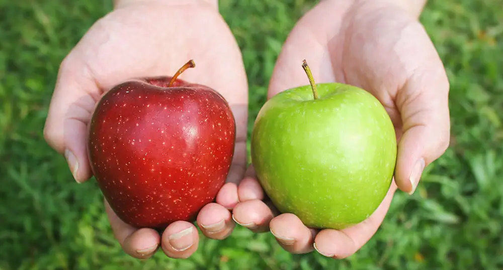 Hands holding one red apple and one green apple